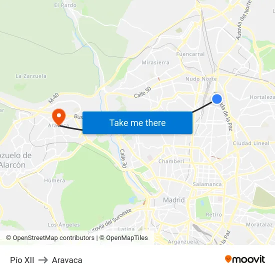 Pío XII to Aravaca map