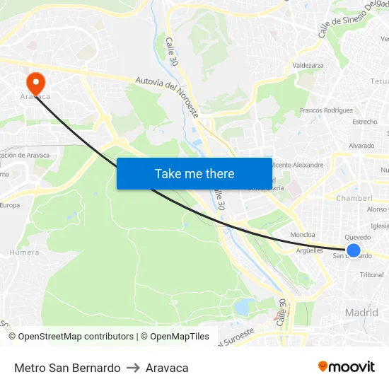 Metro San Bernardo to Aravaca map