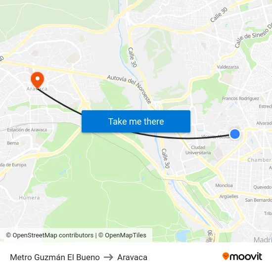 Metro Guzmán El Bueno to Aravaca map