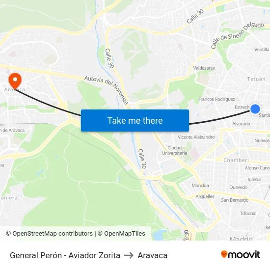 General Perón - Aviador Zorita to Aravaca map