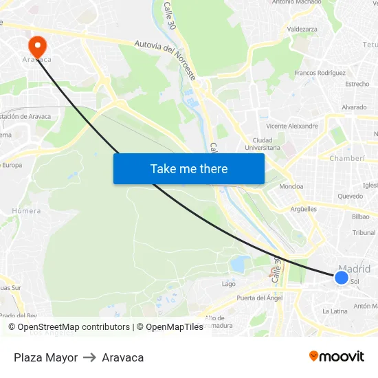 Plaza Mayor to Aravaca map