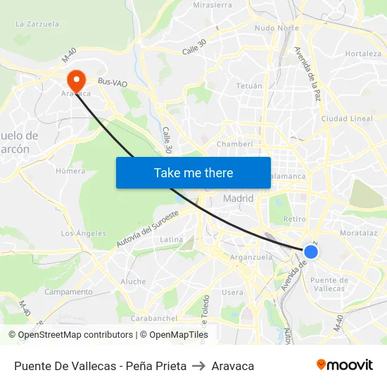 Puente De Vallecas - Peña Prieta to Aravaca map