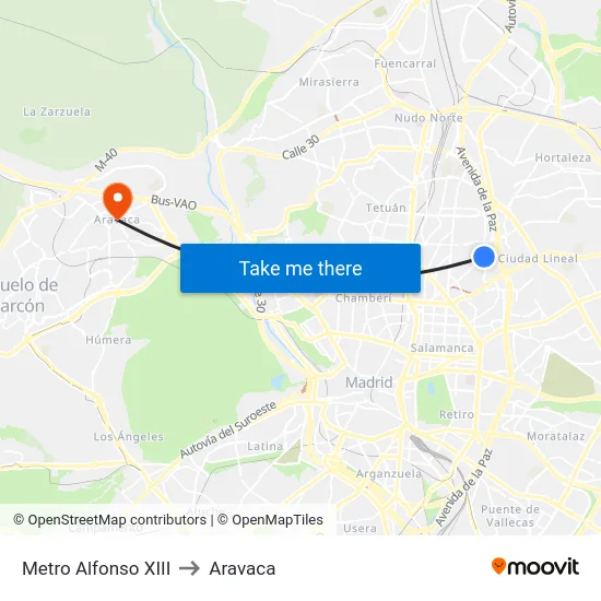 Metro Alfonso XIII to Aravaca map