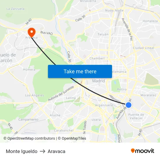 Monte Igueldo to Aravaca map