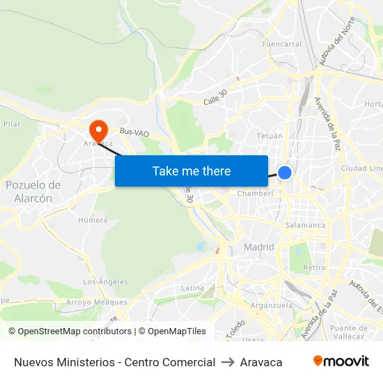 Nuevos Ministerios - Centro Comercial to Aravaca map