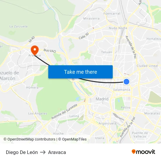 Diego De León to Aravaca map