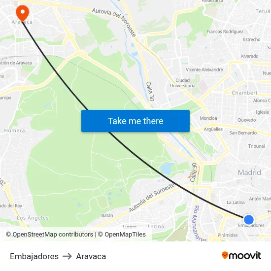 Embajadores to Aravaca map