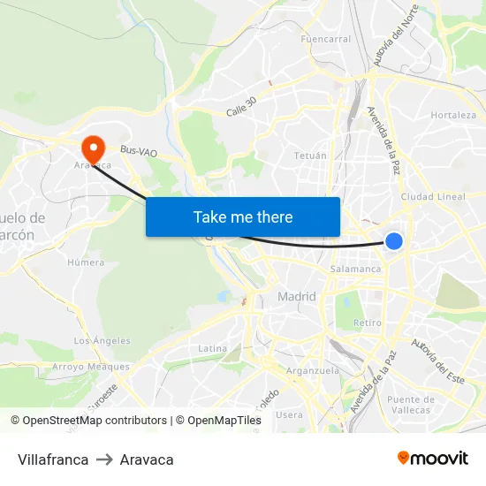 Villafranca to Aravaca map
