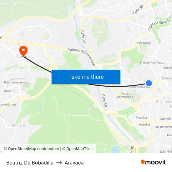 Beatriz De Bobadilla to Aravaca map