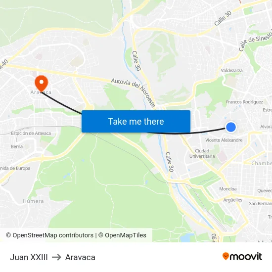 Juan XXIII to Aravaca map