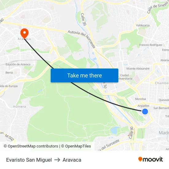 Evaristo San Miguel to Aravaca map