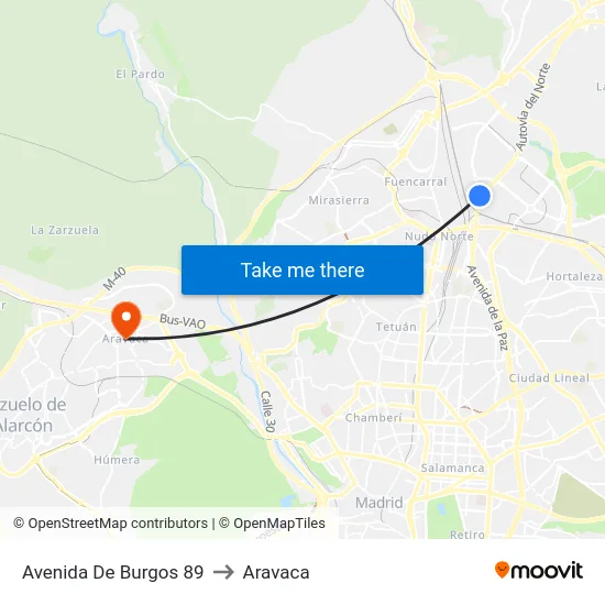 Avenida De Burgos 89 to Aravaca map