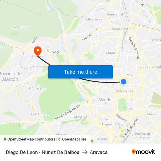 Diego De León - Núñez De Balboa to Aravaca map