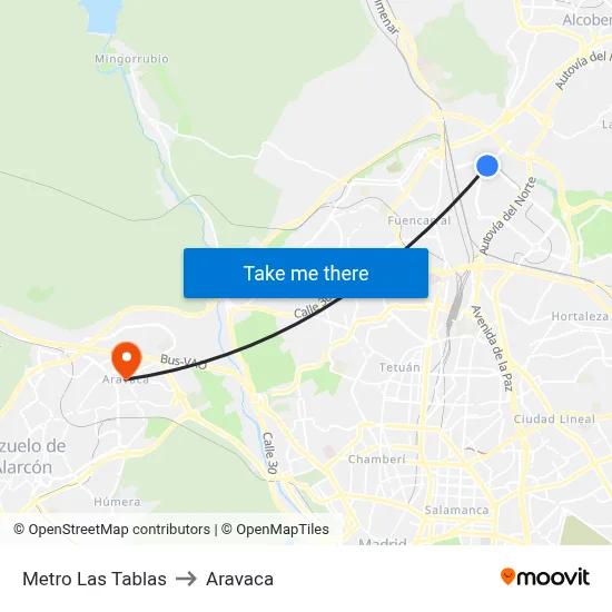 Metro Las Tablas to Aravaca map