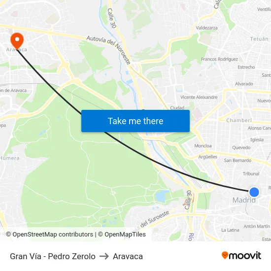 Gran Vía - Pedro Zerolo to Aravaca map
