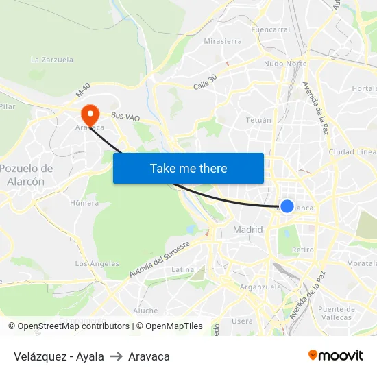 Velázquez - Ayala to Aravaca map