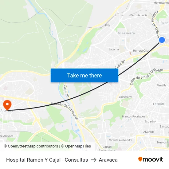 Hospital Ramón Y Cajal - Consultas to Aravaca map