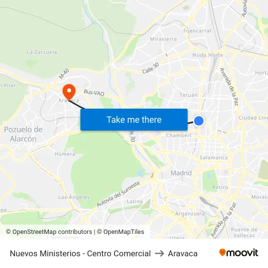 Nuevos Ministerios - Centro Comercial to Aravaca map