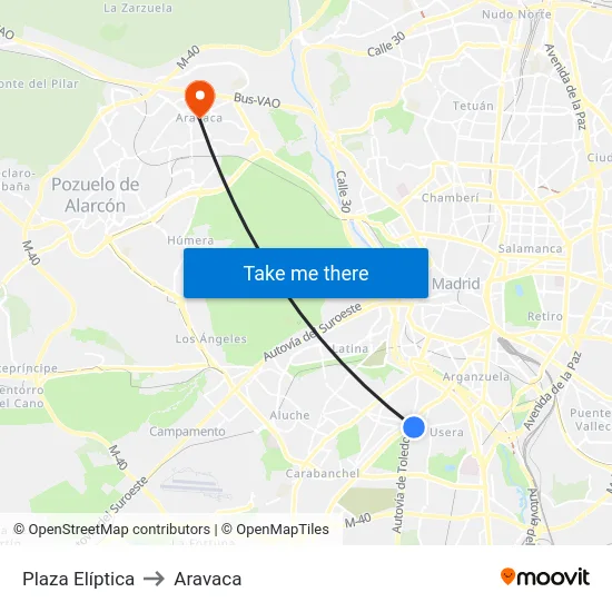 Plaza Elíptica to Aravaca map