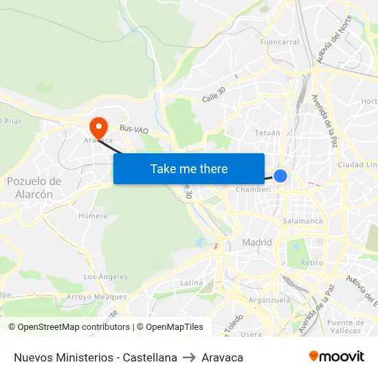Nuevos Ministerios - Castellana to Aravaca map