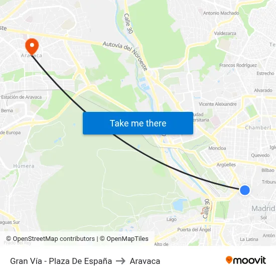 Gran Vía - Plaza De España to Aravaca map
