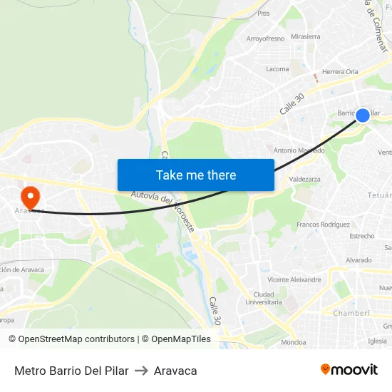 Metro Barrio Del Pilar to Aravaca map