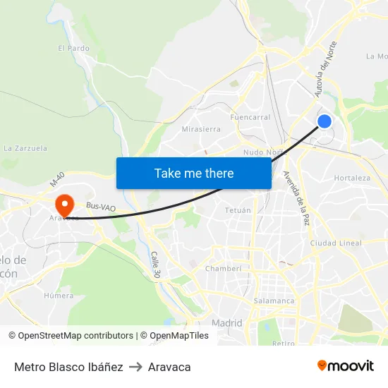 Metro Blasco Ibáñez to Aravaca map