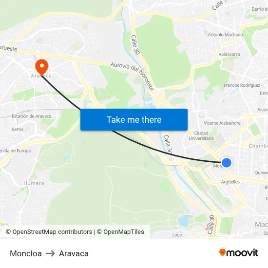 Moncloa to Aravaca map