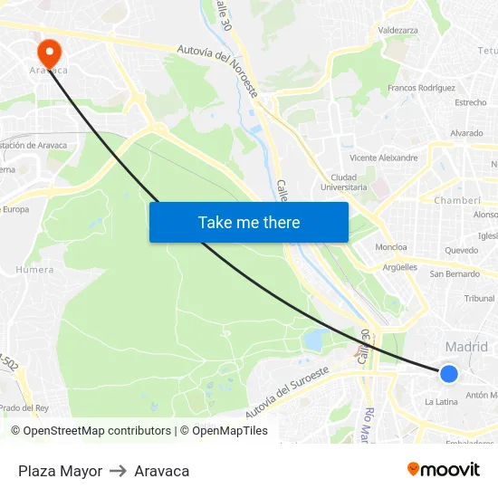 Plaza Mayor to Aravaca map