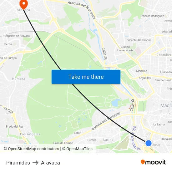Pirámides to Aravaca map