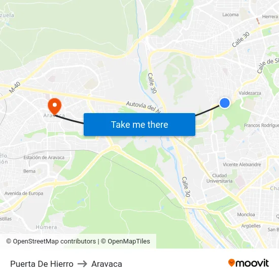 Puerta De Hierro to Aravaca map
