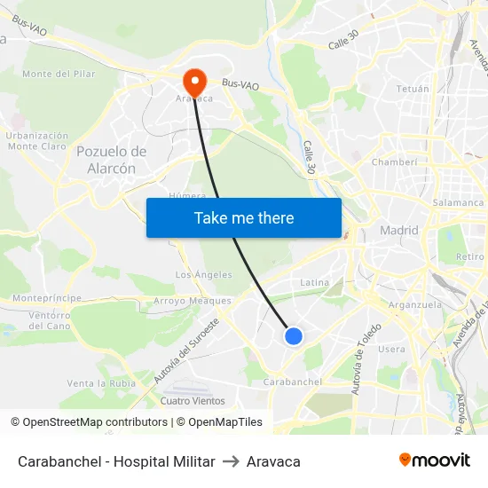Carabanchel - Hospital Militar to Aravaca map