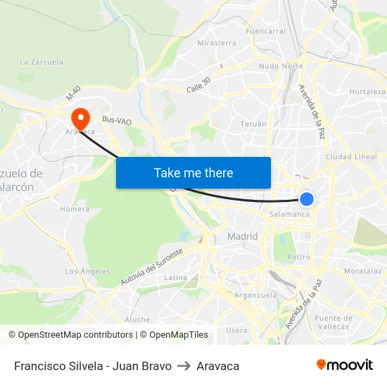 Francisco Silvela - Juan Bravo to Aravaca map