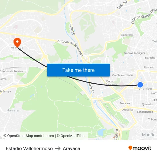 Estadio Vallehermoso to Aravaca map