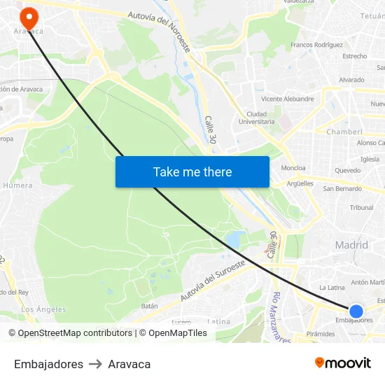 Embajadores to Aravaca map