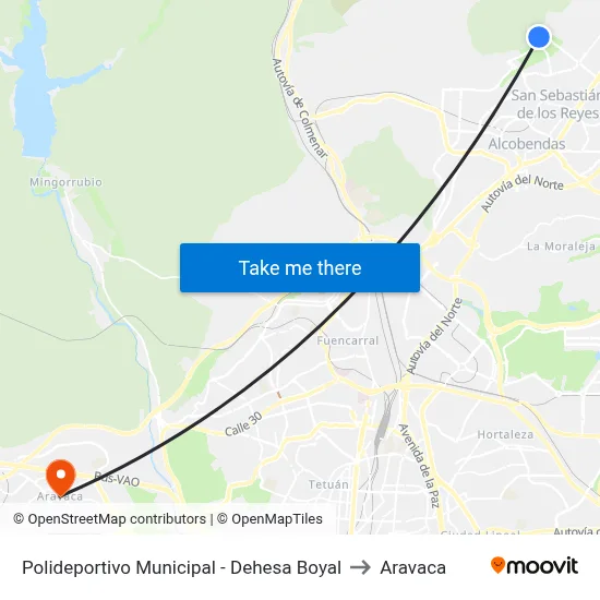Polideportivo Municipal - Dehesa Boyal to Aravaca map