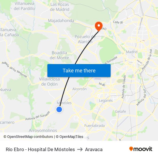Río Ebro - Hospital De Móstoles to Aravaca map