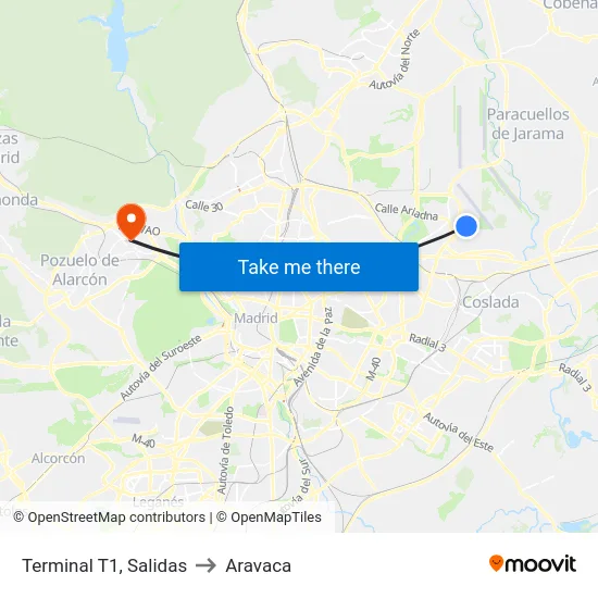 Terminal T1, Salidas to Aravaca map