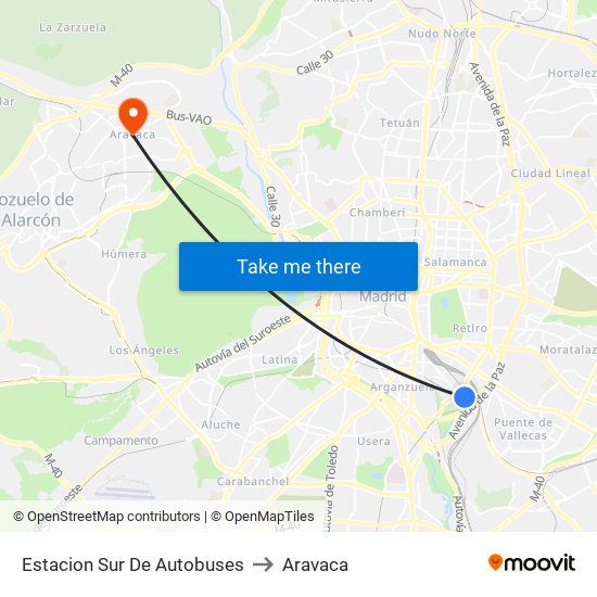 Estacion Sur De Autobuses to Aravaca map