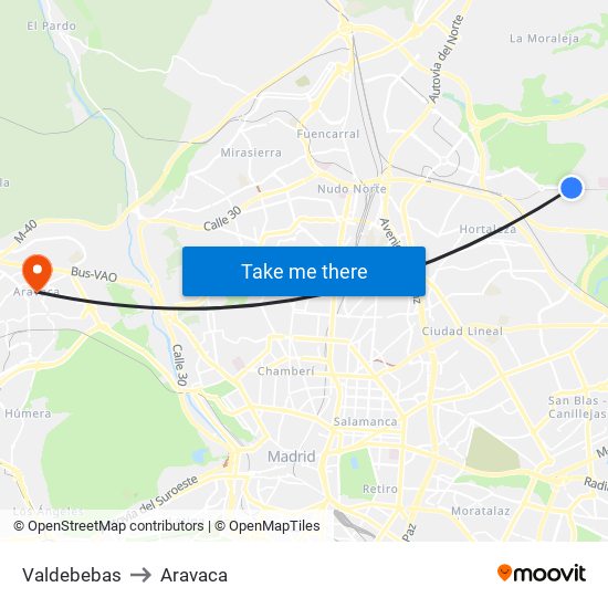 Valdebebas to Aravaca map