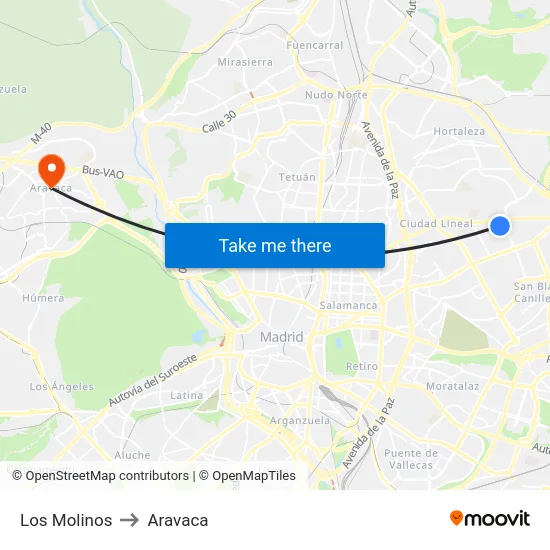 Los Molinos to Aravaca map