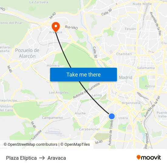 Plaza Elíptica to Aravaca map