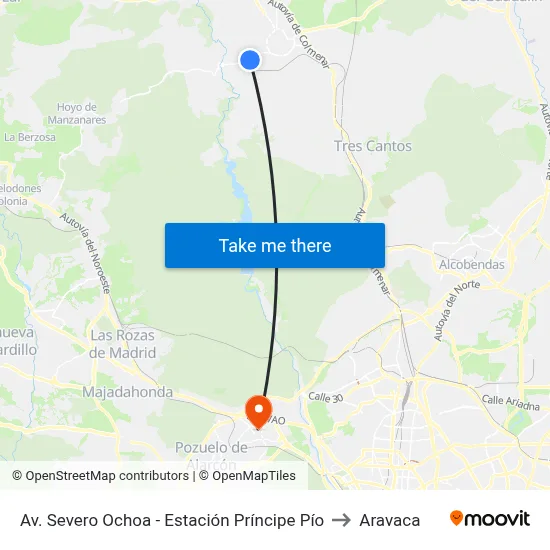 Av. Severo Ochoa - Estación Príncipe Pío to Aravaca map