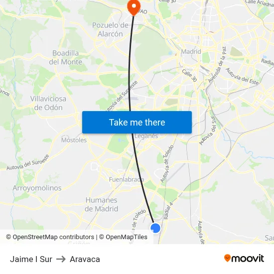 Jaime I Sur to Aravaca map