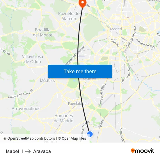 Isabel II to Aravaca map