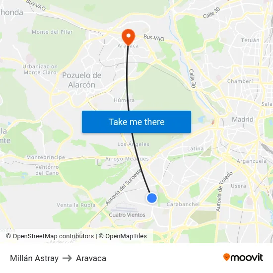 Millán Astray to Aravaca map