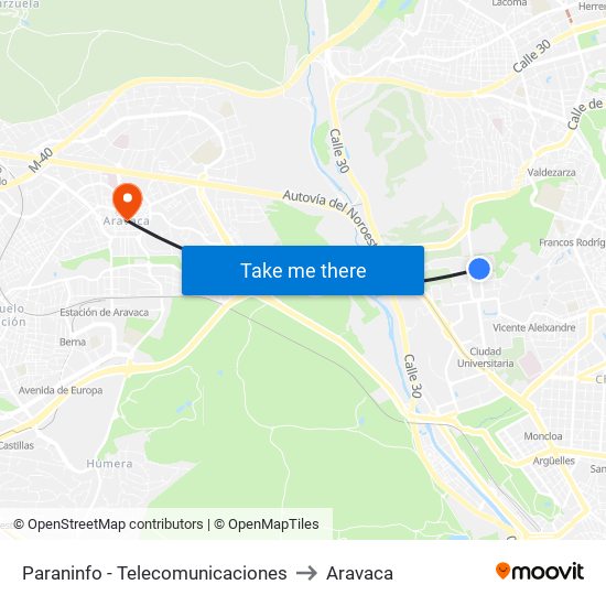 Paraninfo - Telecomunicaciones to Aravaca map