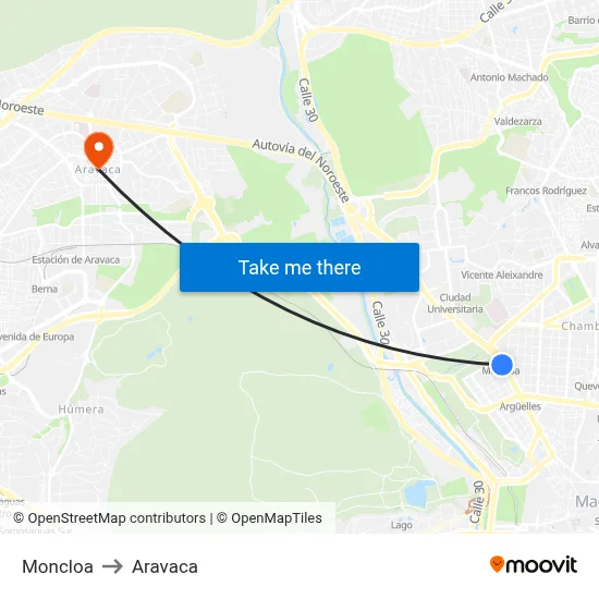 Moncloa to Aravaca map