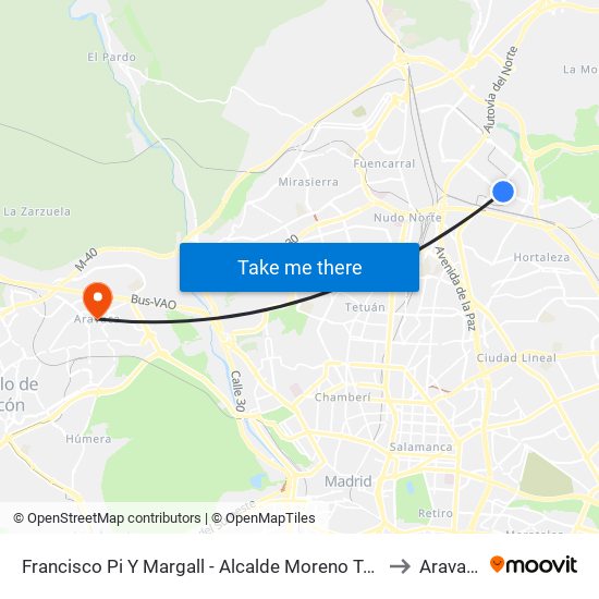 Francisco Pi Y Margall - Alcalde Moreno Torres to Aravaca map