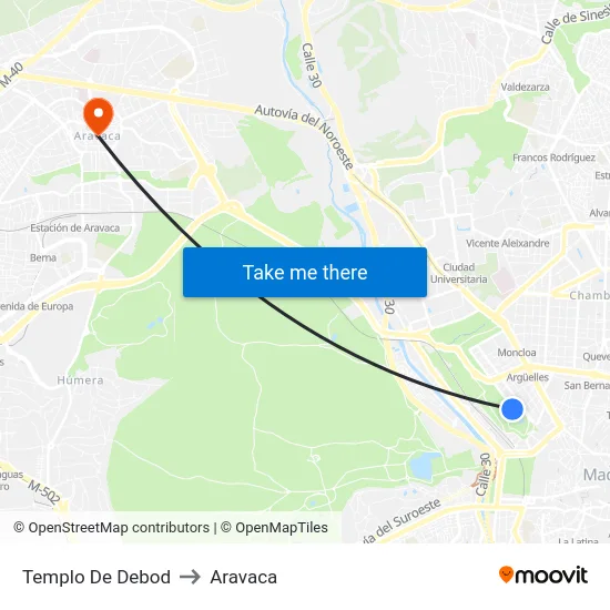 Templo De Debod to Aravaca map